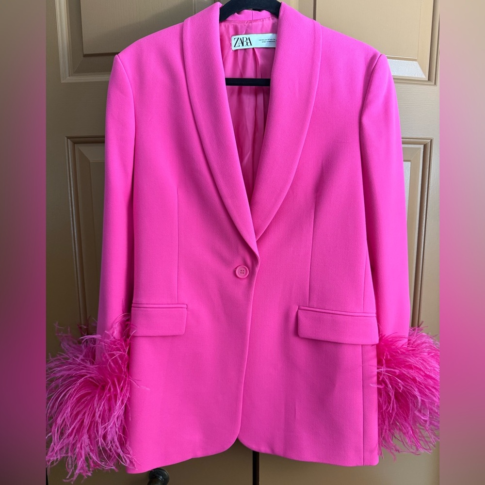Zara Hot Pink Blazer with Feather Cuffs